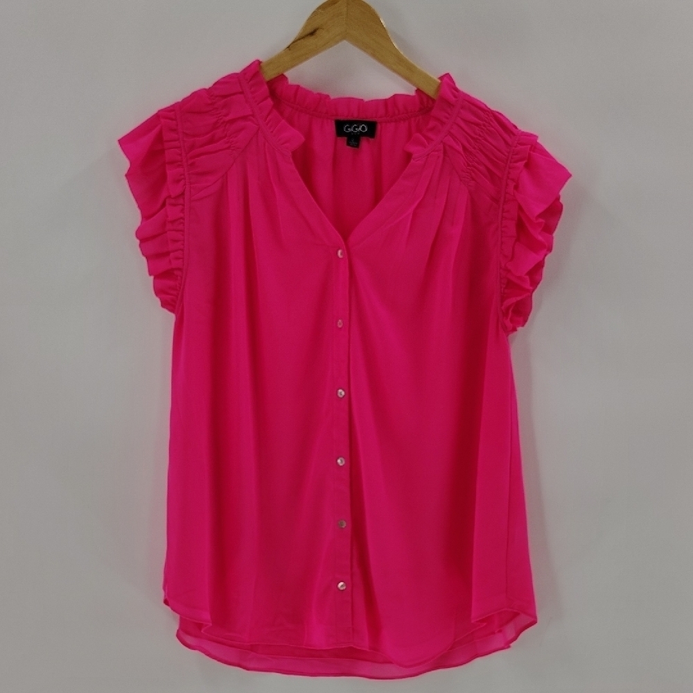 GiGiO Button Down Blouse Size Large Hot Pink Pin Tucked Detail Flutter Sleeve